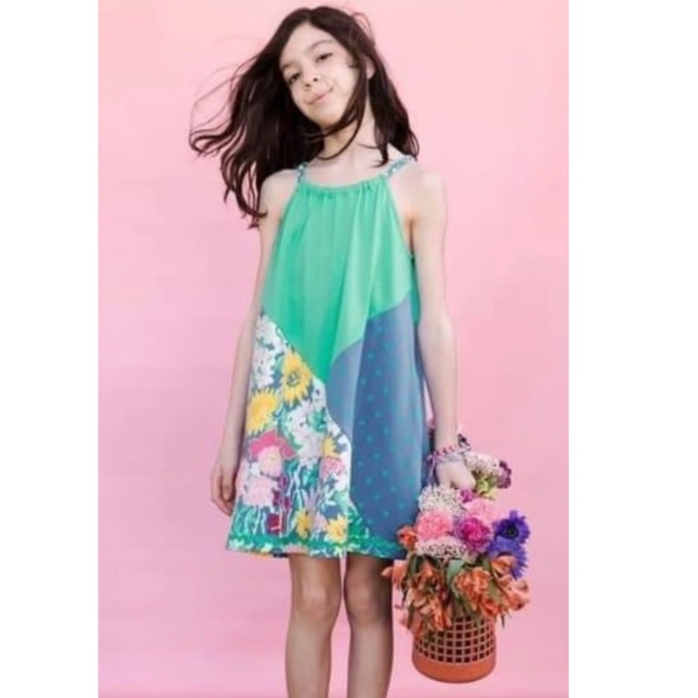 Matilda Jane NWT Aqua Blue Pink Polka Dot Daisy Braid Strap Dress Patchwork